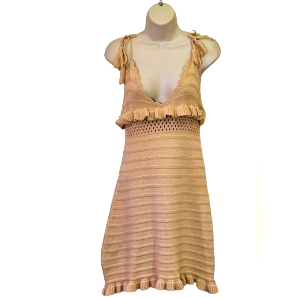 Papermoon Beige Knit V-Neckline Sleeveless Ruffle Boho Mini Dress,Medium